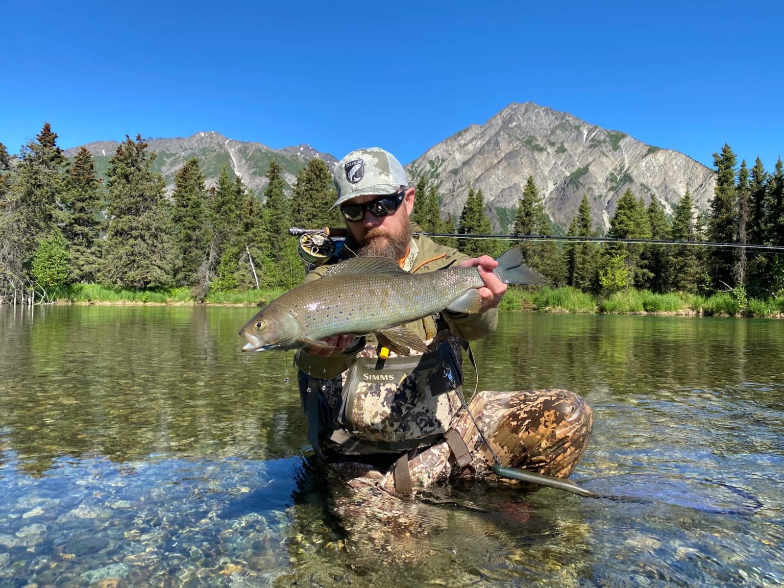 An angler holds up a grayling caught in front of rugged terrain.