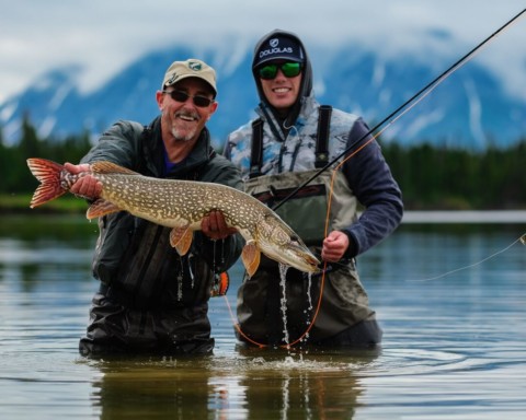 Two anglers holding a freshly caught pike.