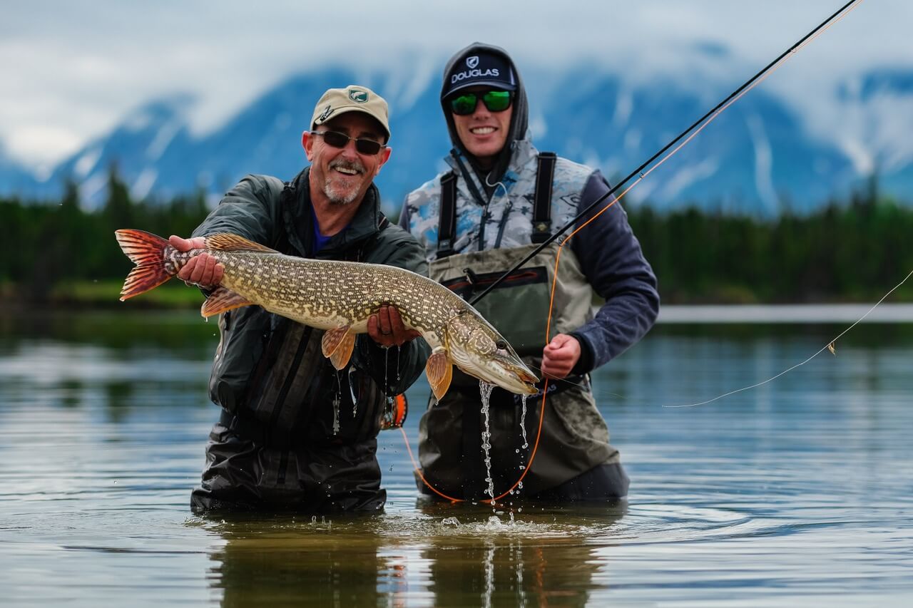 Two anglers holding a freshly caught pike.