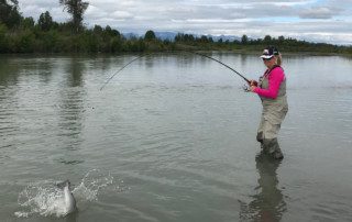 single-angler-casting-silver-salmon-fish-wade-2022-3-17 An angler wading in a stream reeling in a silver salmon